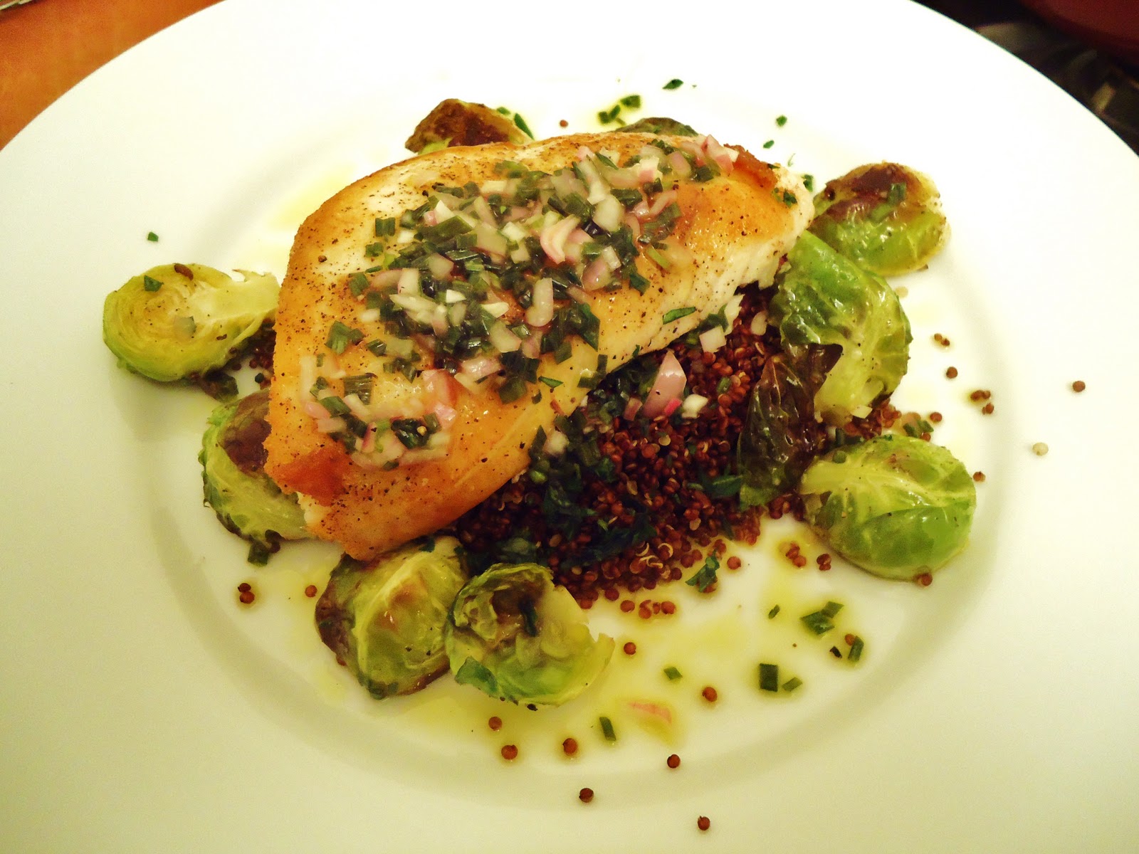 FIVE O'CLOCK FOOD Pan Seared Local Halibut with Roasted Brussel Sprouts, Red Quinoa, and Chive