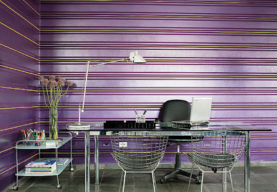 home office with purple wall design