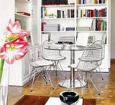 White Apartment Interior Design dining room bookcase from Mi Casa Revista