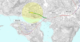 南港島線香港仔支線（綠線）示意圖，淺黃底色為車站週邊500米的覆蓋範圍。（底圖來源：港鐵公司）