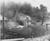 Wreckage of the bombed USS Shaw in Pearl Harbor