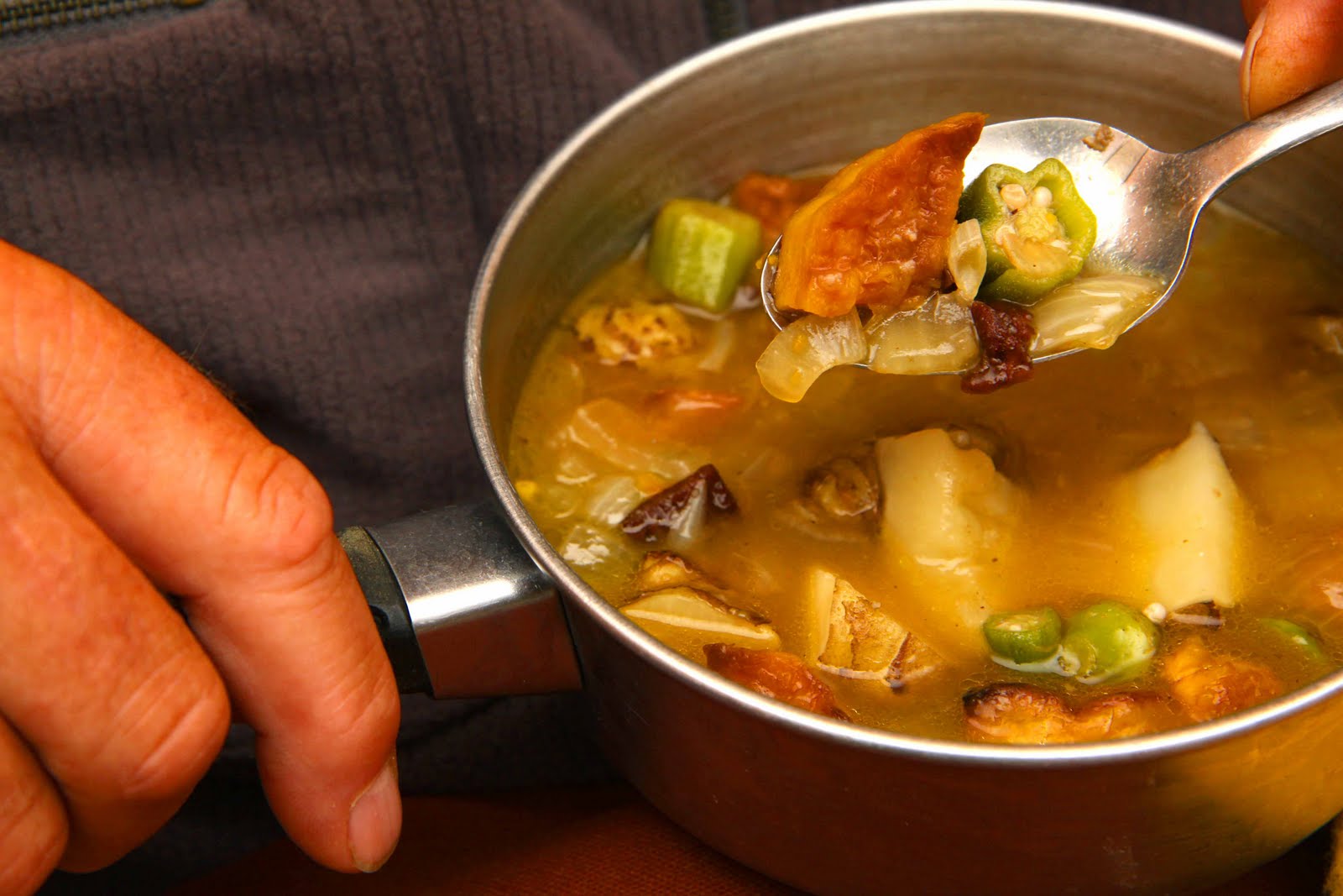 Jerky Soup with Sunchokes, Okra, and Squash