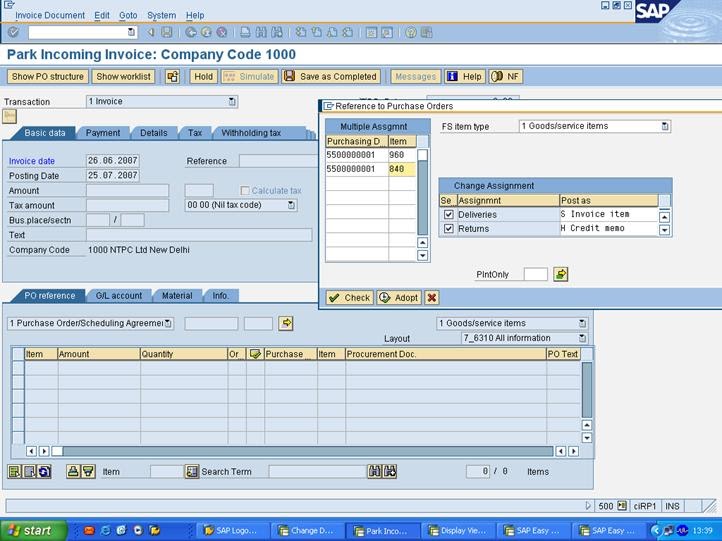 SAP Transaction MIR7 Park Invoice