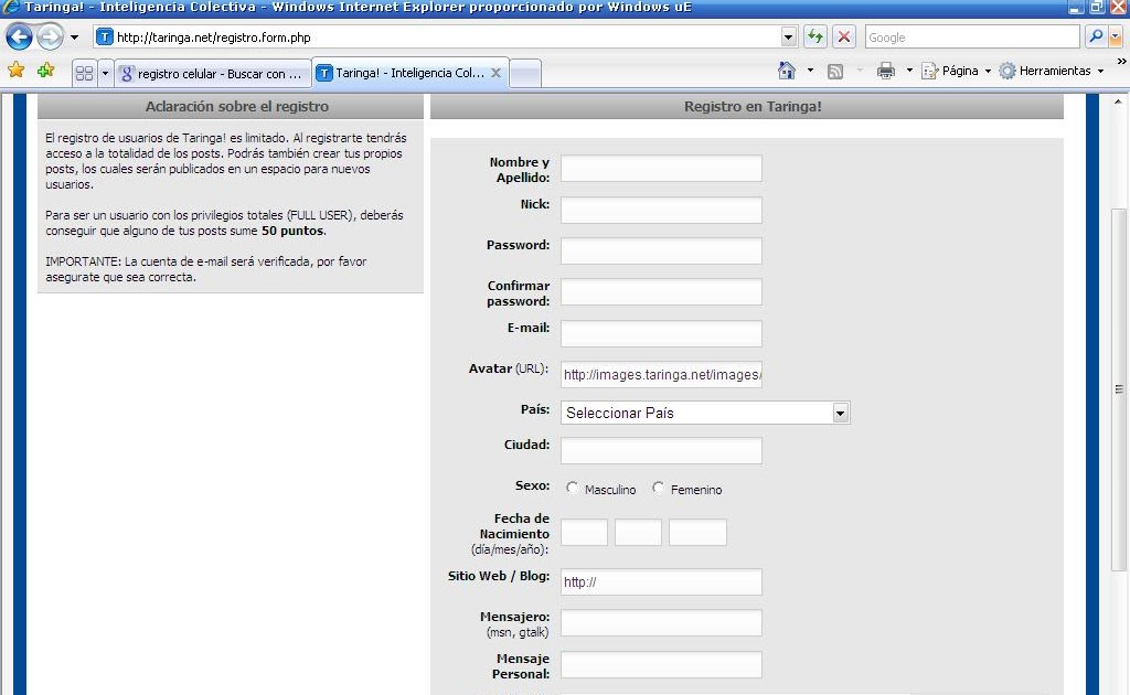 Formularios De Registro Formulario De Registro Taringa