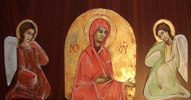 Pictura pe cruce de tabla - Ingeri si Maica Domnului