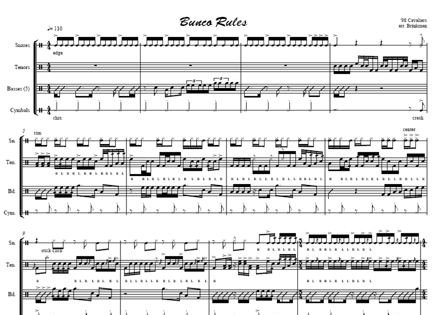 Percussion and Drum Stuff Drumline Sheet Music Bunco Rules Cavaliers 1998