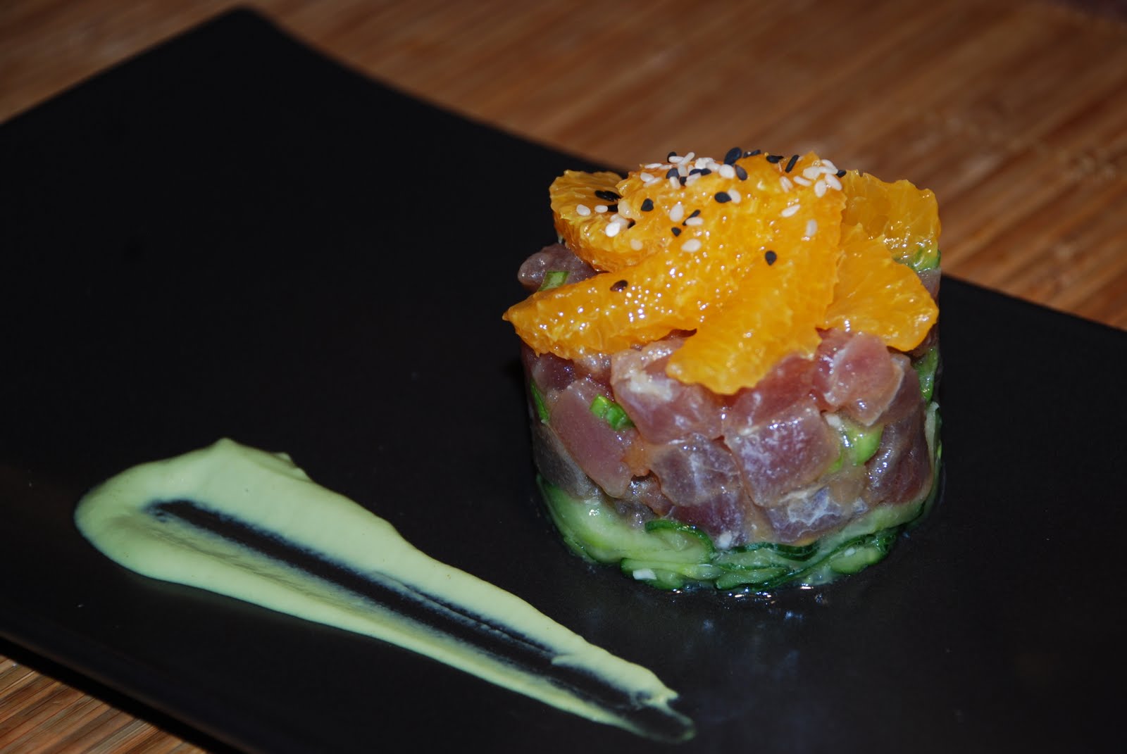 Tuna Tartar with Yuzu Marinated Cucumber Salad, Tangerine and Wasabi