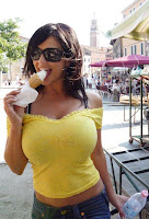 Denise Milani in Yellow Top and Blue Jeans