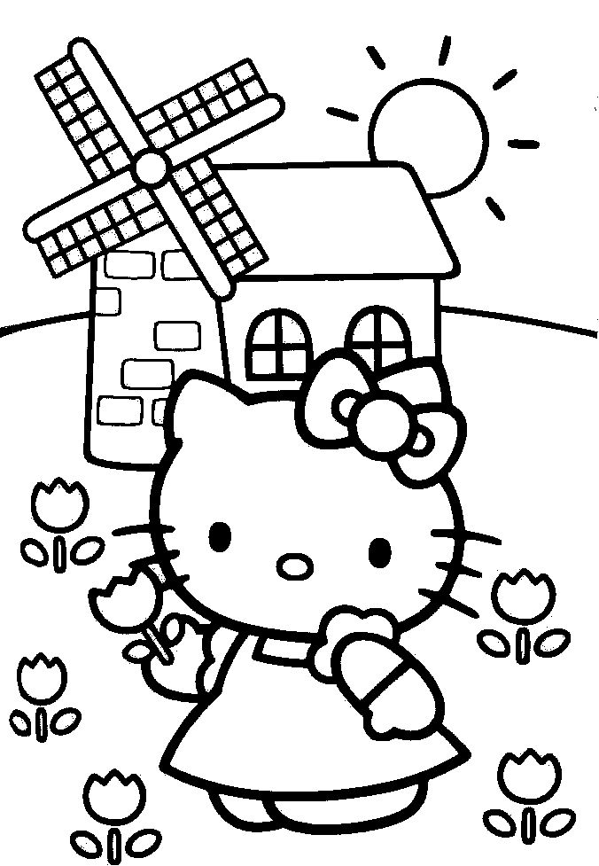 Hello Kitty and Flower in Windmill Coloring Pages. PRINT THIS PAGE
