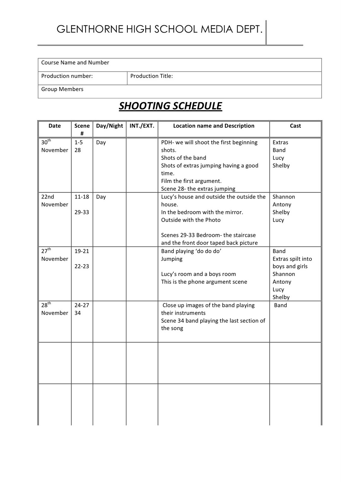 filming schedule template
