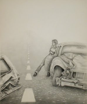 G.B. Jones - Crash - graphite and luminescent safety paint on paper - 17x14 in - 2000