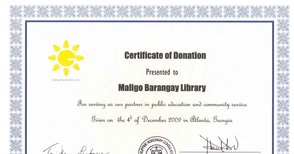 galing foundation inc mindanao outreach certificate of certificate of donation