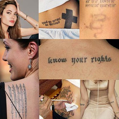 Close-up picture of the tattoos on Angelina Jolie's back.