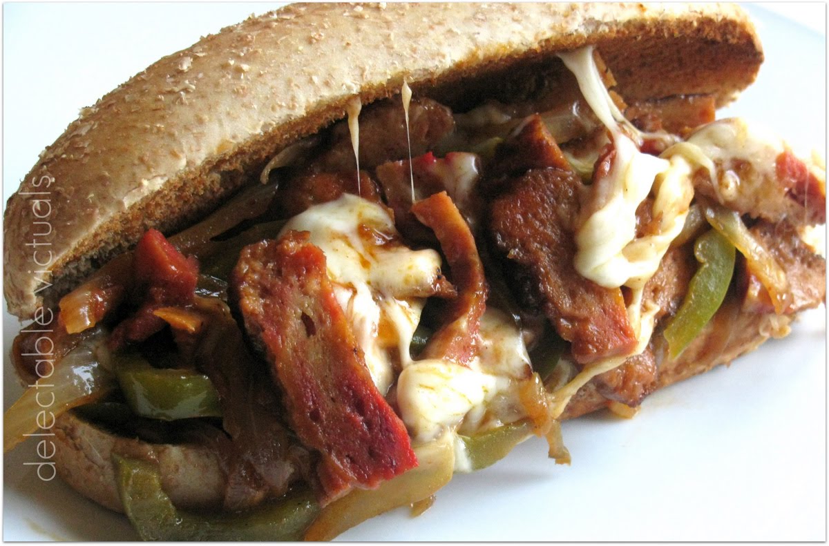 Delectable Victuals Vegetarian Philly Cheesesteak Sandwich