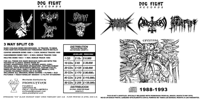 3 WAY SPLIT CD - CORPSE GRINDER/ CANCERBERO/HELFIRE     http://www.proselytist.com/