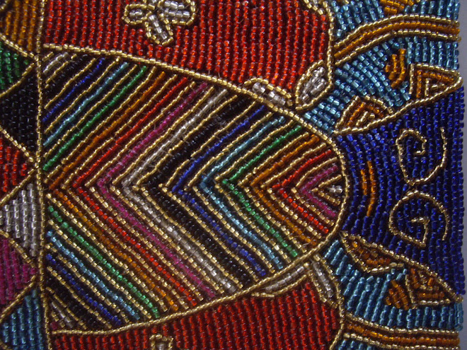 Handcrafted and Sewn, Brilliantly Colored Beadwork, Hand Bag.  Closeup of Beading.