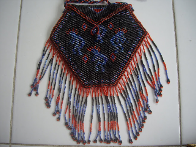Handcrafted and Sewn, Brilliantly Colored Beadwork, Six-Sided Pattern, Bead Fringes.  Navy and Red.