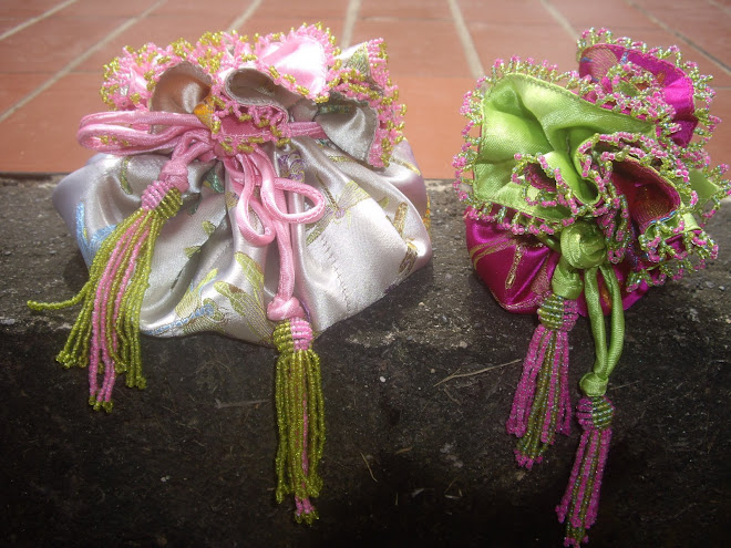 SATIN-SILK JEWELRY BAGS.  TWO TREASURES--PALE MINT GRAY WITH BABY PINK AND HOT FUSCHIA  WITH LIME