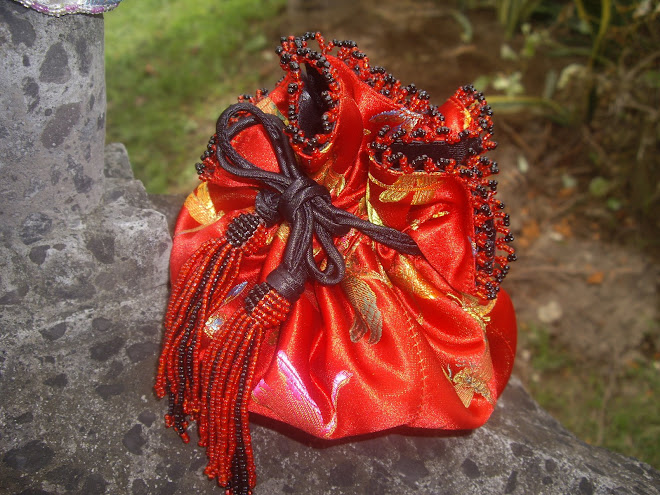 SATIN-SILK JEWELRY BAG.  Chinese-Red, Butterfly Pattern, Black Interior.  Size Medium