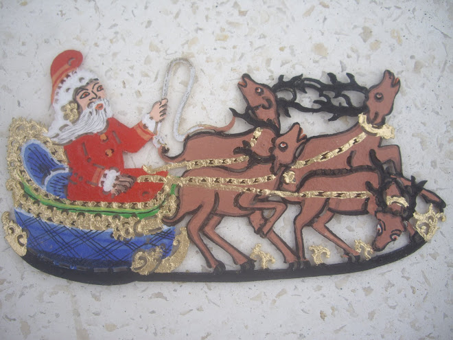 SANTA SEATED ON A SLEIGH WITH REINDEER, WAYANG-KULIT-STYLE HANGING CHRISTMAS ORNAMENT, HANDMADE