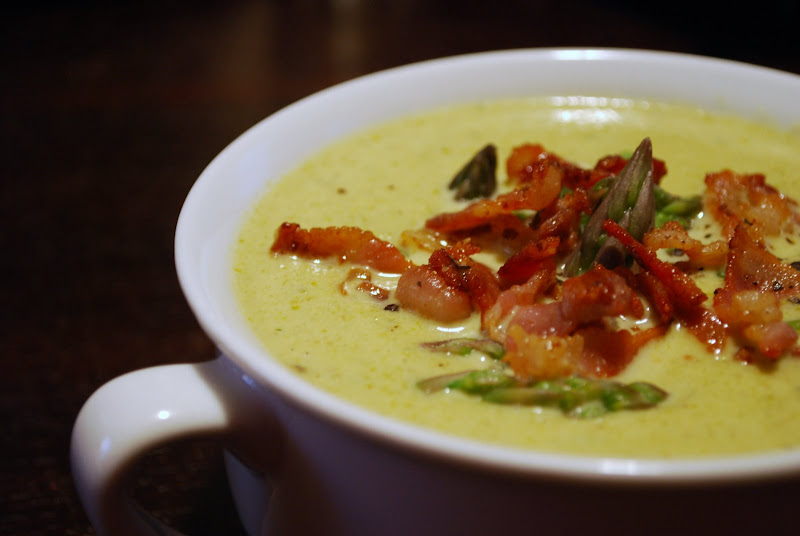 Creamy Asparagus Soup w/ Bacon & Asparagus Tip Garnish Always Order Dessert