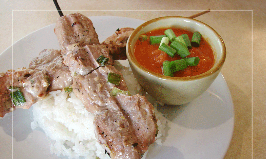 Cocoa and Cheese Pork Tenderloin Kabobs with Ginger Dipping Sauce