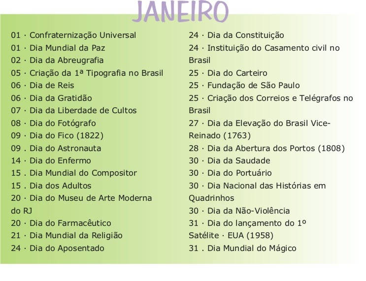 Ideia Legal Datas comemorativas do mês de janeiro
