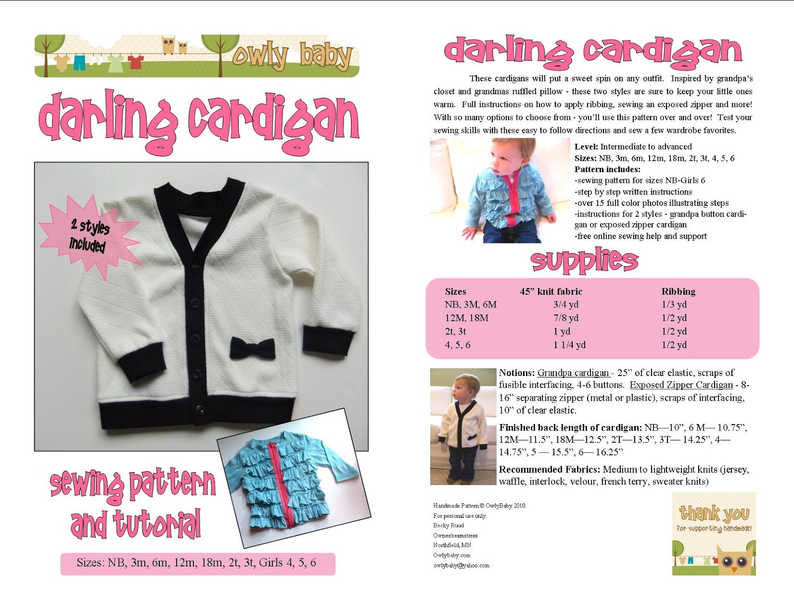 Owly Baby Darling Cardigan Sewing Pattern!