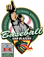 Drawing of a male baseball player holding a bat on his shoulder and pointing up and out. The player is above the word baseball which is above the UAB Blazers triangle shaped green dragon logo.