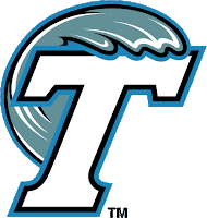 White slanted letter T with blueish green wave rolling over the letter T. White background.