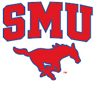 SMU red block letters with red mustang logo.