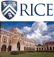 Blue and white Rice logo with owls above quad at college.