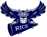 Blue Rice owl holds megaphone.