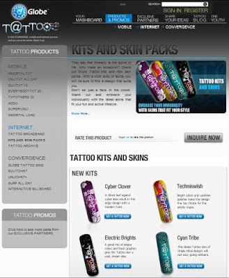 A screenshot of the Globe Tattoo Broadband New Skins' page A screenshot of the Globe Tattoo Broadband New Skins' page