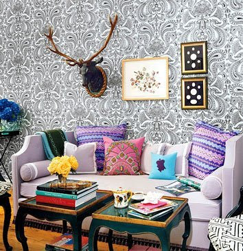 paper bag wallpaper. I love this chinoiserie paper with the blue sidetable!