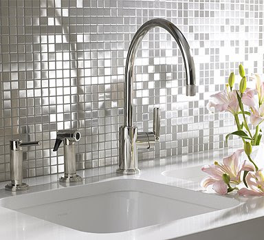 Kitchen with steel mosaic tile backsplash from Ann Sacks