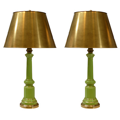 Pair of Green Glass Lamps 2700 Green reverse painted glass with original 