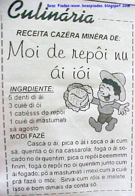 Imagem com receita da culinária mineira escrita em linguajar engraçado