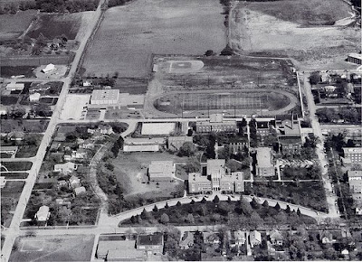 Aerial photograph (older, black and white) of Concordia Teachers College in Seward, Nebraska. The image was scanned from an old photograph found by Steve Sylwester.