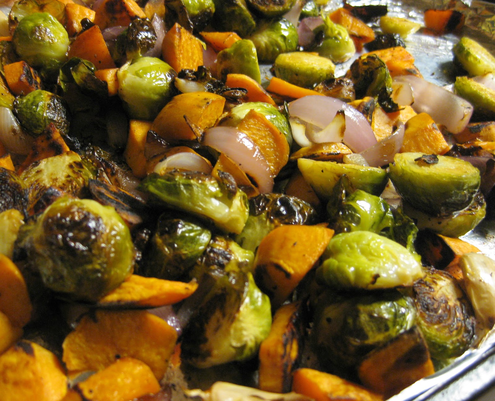 Chow Bella Balsamic and Garlic Roasted Brussels Sprouts, Sweet Potatoes, and Onions