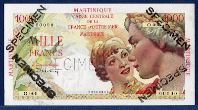 Martinique Specimen banknote currency banknotes values 1000 Francs