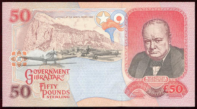 World Currency Gibraltar 50 Pound Banknote Sir Winston Churchill Spitfires