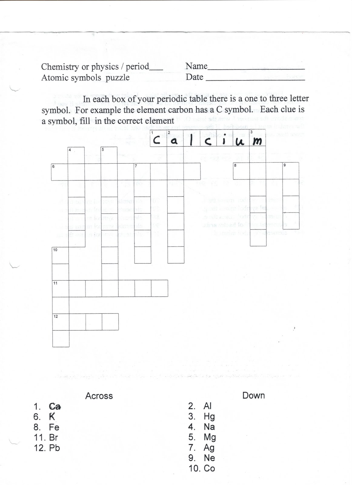 Chemistry Due Tue calcium crossword puzzle