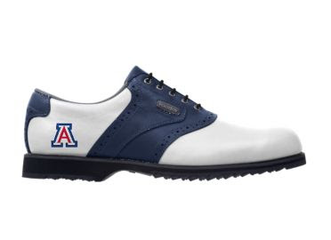 Blue and white University of Arizona Footjoy golf shoe with a black sole and black shoe laces.