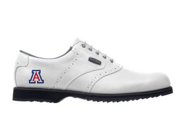 White Arizona Wildcats golf shoe with an A letter logo near the heel that is blue and red.