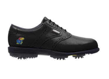 Black Kansas golf shoe with red, blue, and yellow Jayhawk logo on the heel of this Footjoy made product with black tongue and shoelaces.