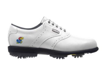 White Jayhawks golf shoe with KU logo on this men's size 11 shoe made by Footjoy with white laces and ornamental designs.
