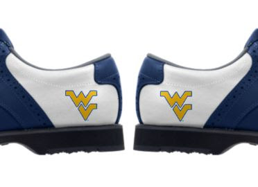 West Virginia University golf shoes with WV logos in gold on white backgrounds with blue trim in Adidas style men's size 10.
