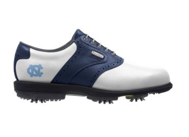 UNC Heels golf she that is dark blue and white with a Tar Heels blue college logo on the back above soft indoor safe cleats and gray shoelaces.