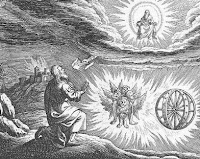 An old print depicting the Ezekiel's enigmatic wheels.